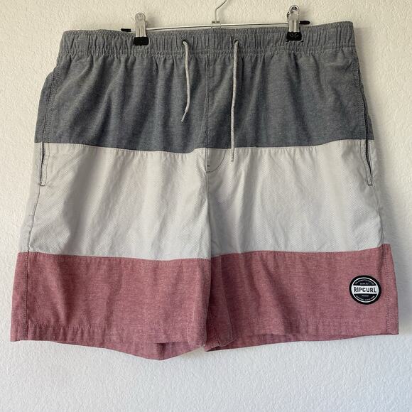 Rip Curl Men's‎ Shorts Volley Fit Size 34 Blue Red Gray Striped Surf Wear Board - Picture 1 of 16